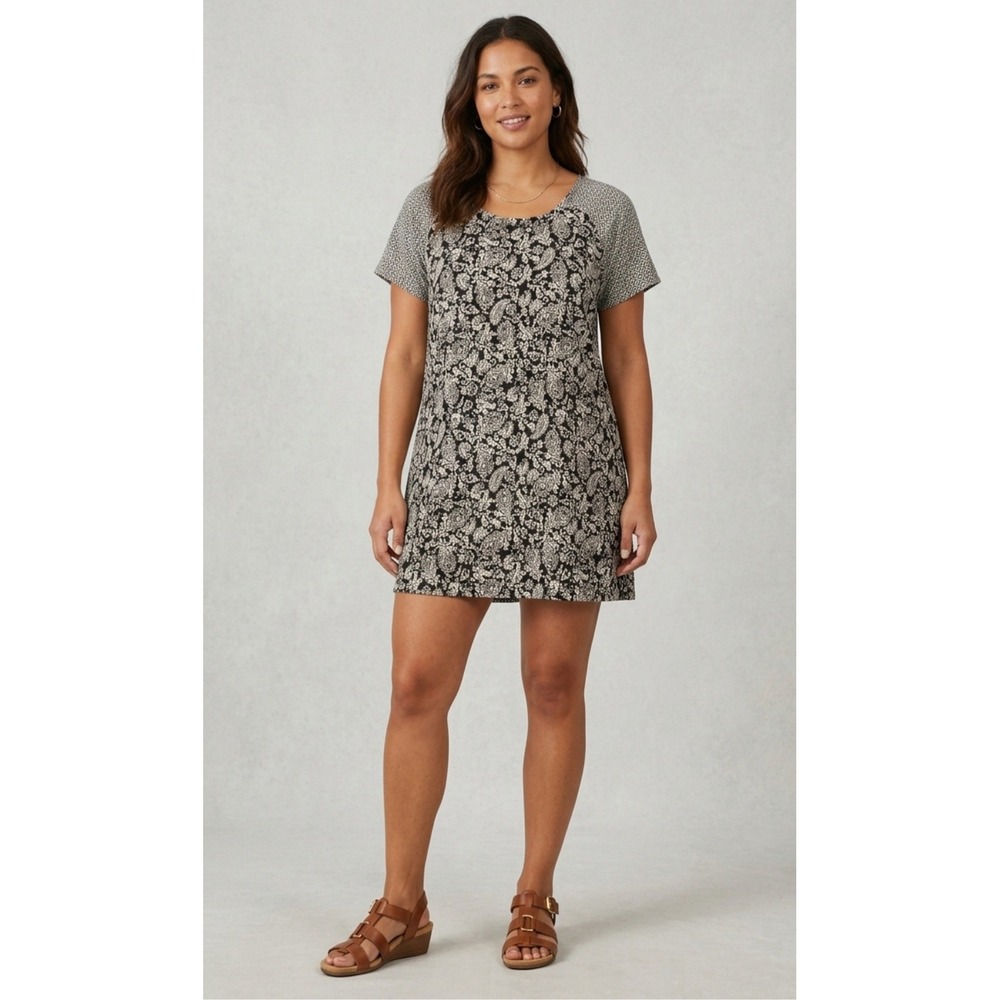 Japna Shift Mini Dress Womens L Black White Paisley Office Boho Casual